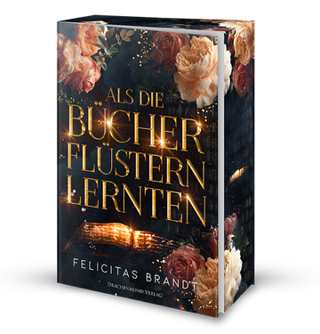 Das Cover zeigt mittig in goldenen Buchstaben den Titel, darunter liegt  ein aufgeschlagenes Buch, aus dem die Wörter leuchten. Eingerahmt wird das dunkle Cover von rosafarbenen und hellen Rosen. Auf dem Buchschnitt wiederholt sich das Covermotiv.